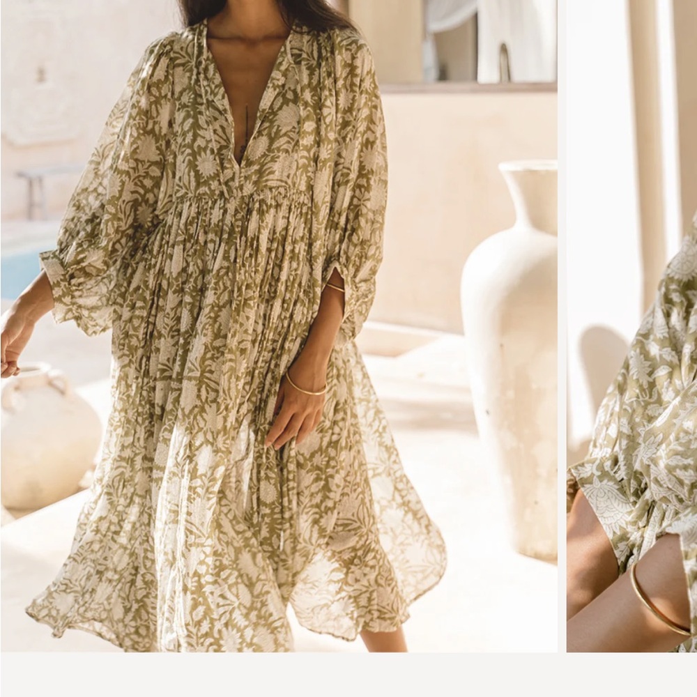 Daughters of India Olive Green and Cream Floral Long Sleeve Maxi Dress